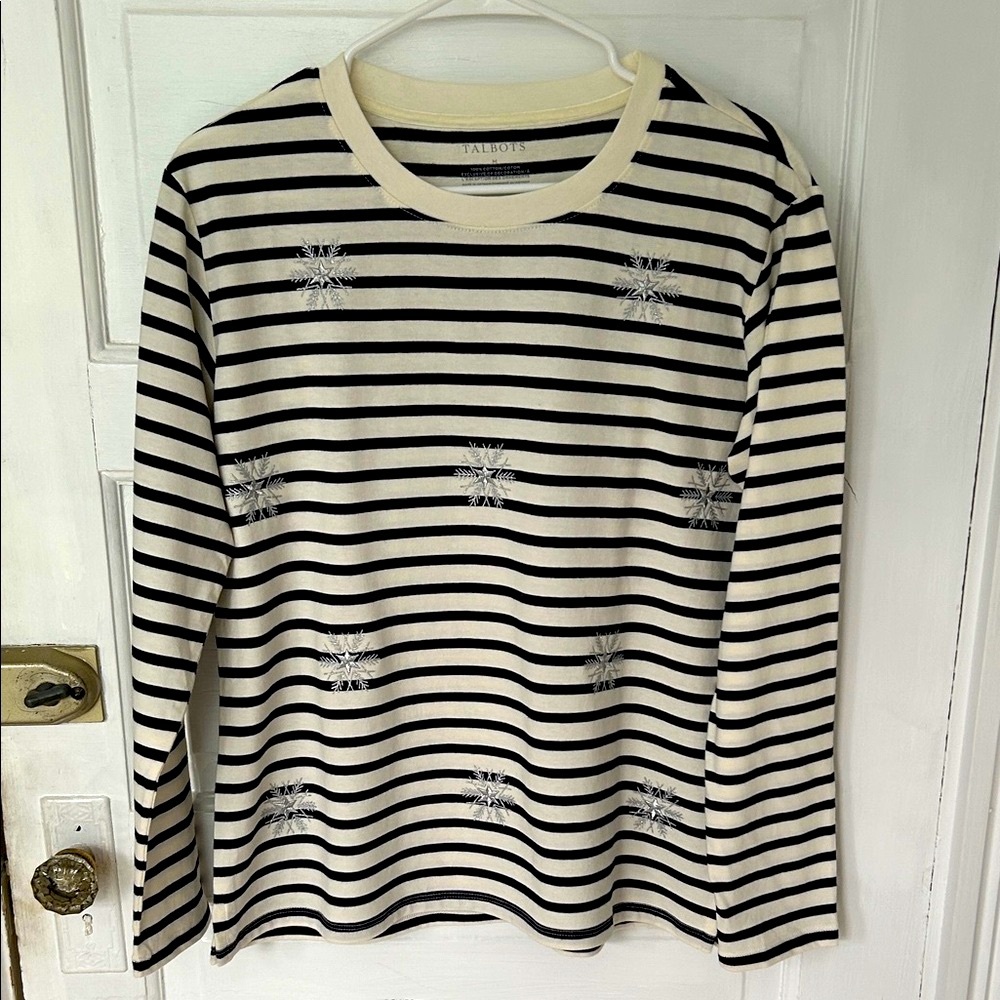 Talbots Black and Cream Striped Embroidered Top